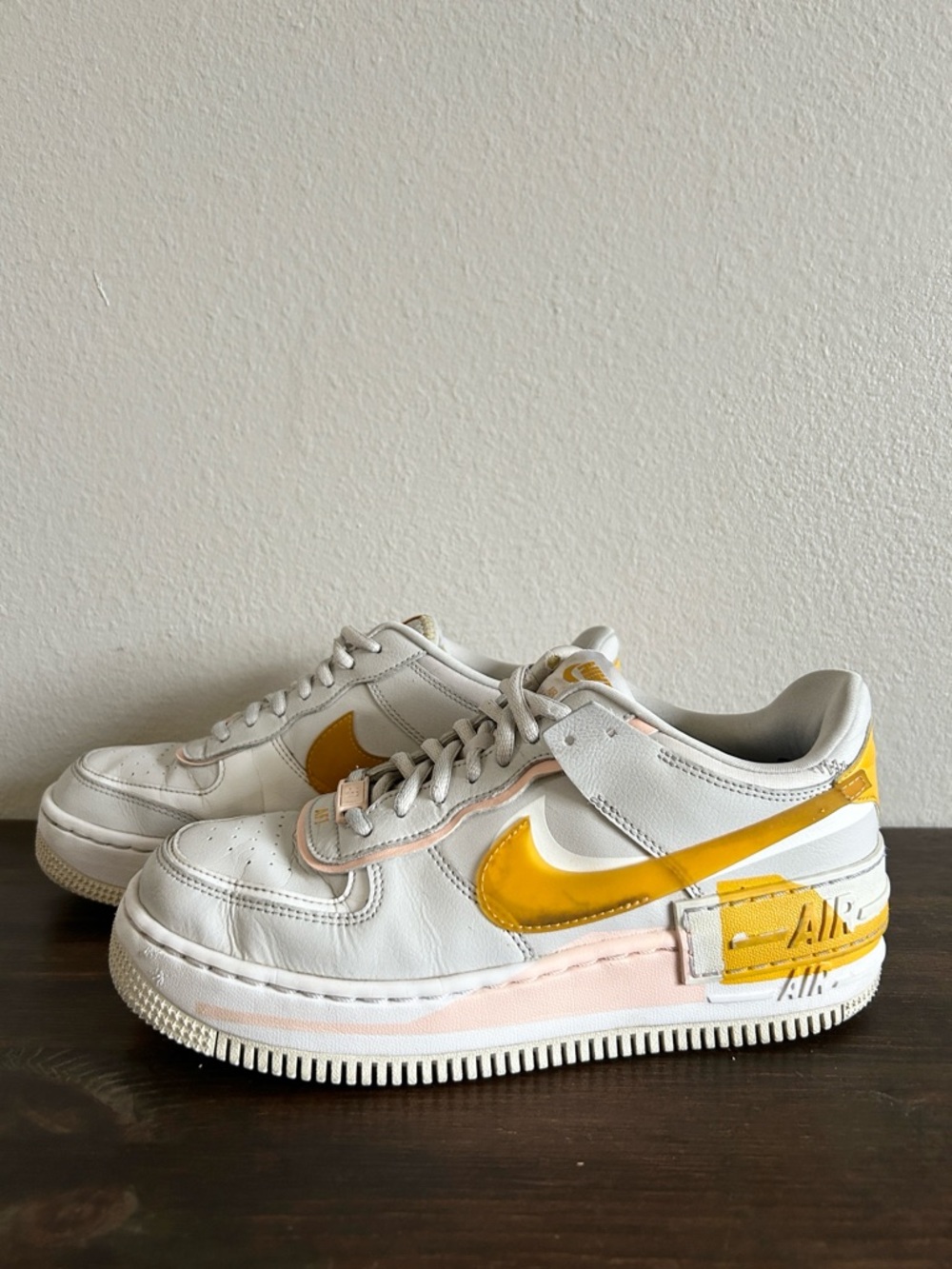 Nike Air Force I Sneakers White and Grey with Yellow and Pink Accents